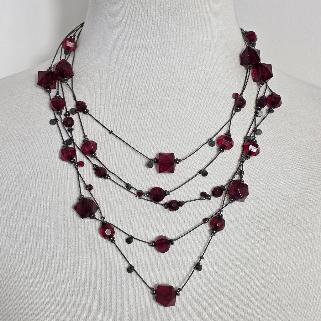 Multi-Strand Tiered Necklace Ruby Red Faceted Beads Gunmetal Gray Chain 17$